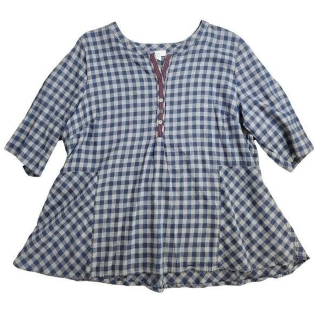 J. Jill Blue Gingham Check Henley Tunic Blouse Red Trim XL Petite